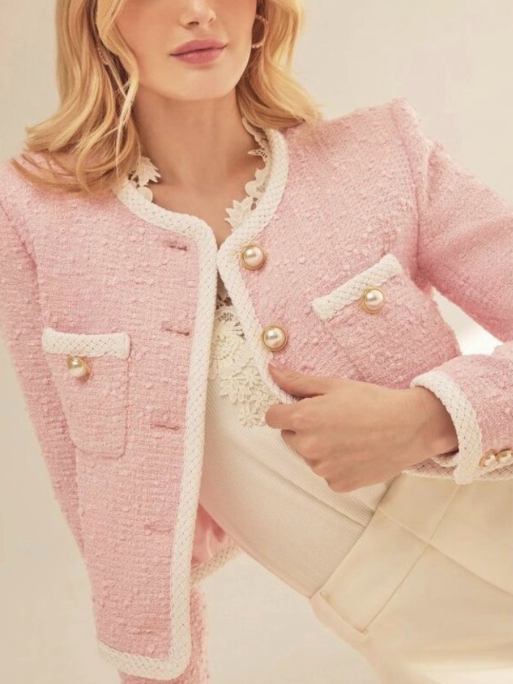 Generation Love Amber Tweed Jacket in 
Ballet Slipper Light Pink Boucle NEW L - Picture 8 of 9